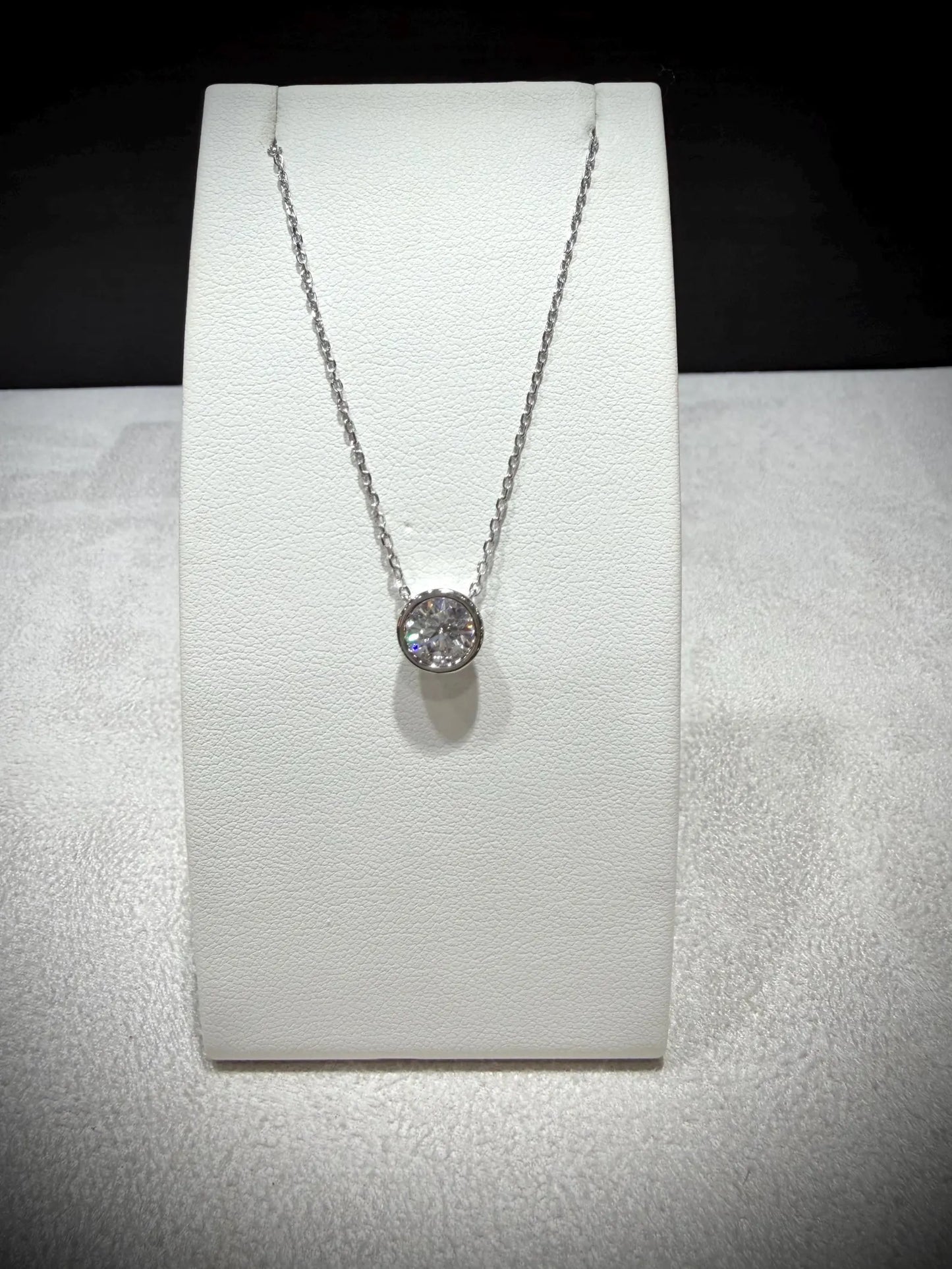 Round Lab Grown Bezel Set Diamond Solitaire Necklace 0.90ct tw.: Sterling Silver Adjustable Length 16”-18.5”