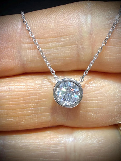 Round Lab Grown Bezel Set Diamond Solitaire Necklace 0.90ct tw.: Sterling Silver Adjustable Length 16”-18.5”