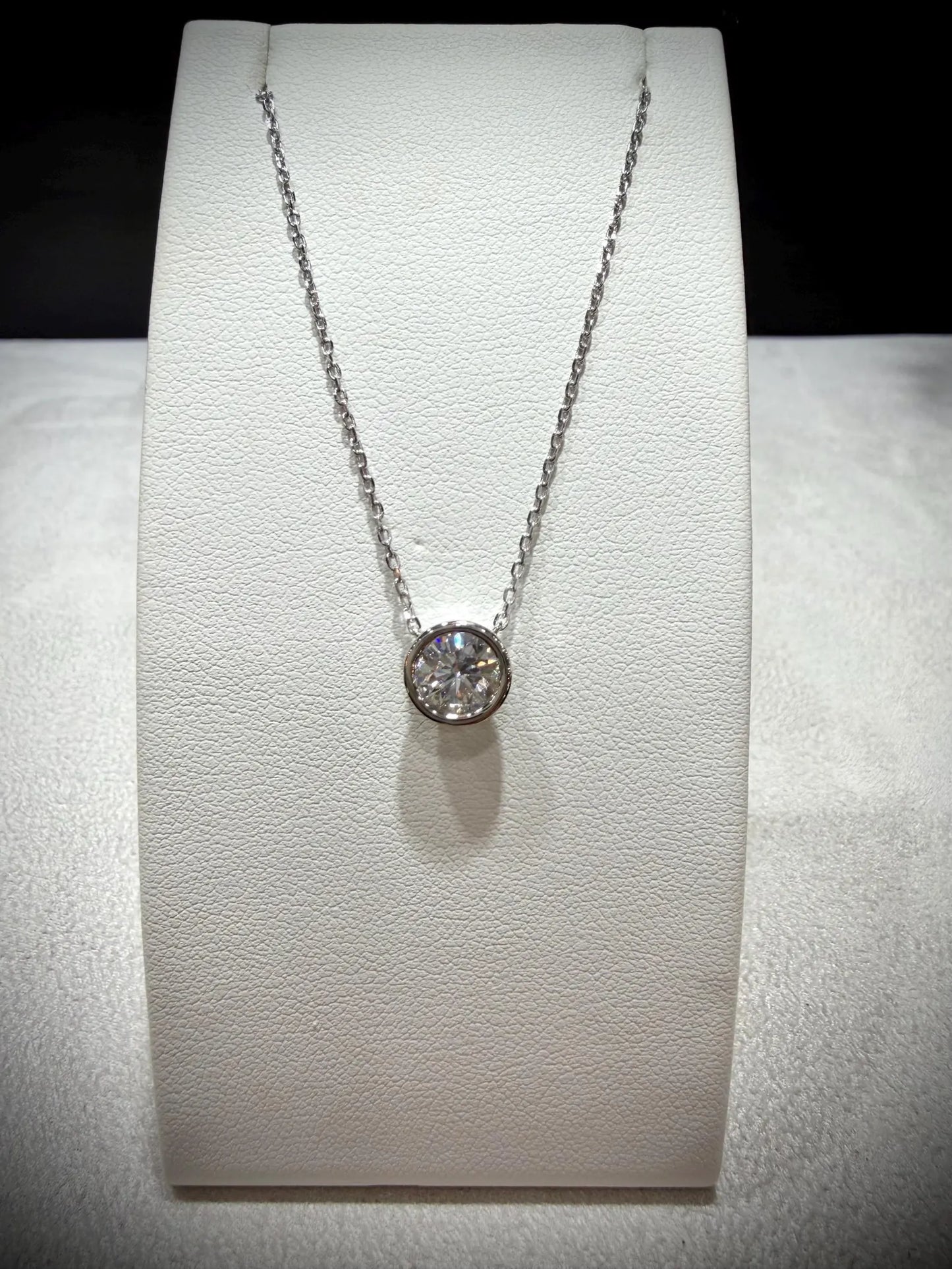 Round Lab Grown Bezel Set Diamond Solitaire Necklace 0.90ct tw.: Sterling Silver Adjustable Length 16”-18.5”