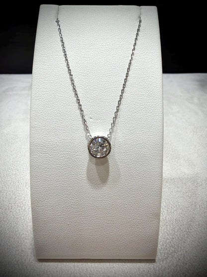 Round Lab Grown Bezel Set Diamond Solitaire Necklace 0.90ct tw.: Sterling Silver Adjustable Length 16”-18.5”