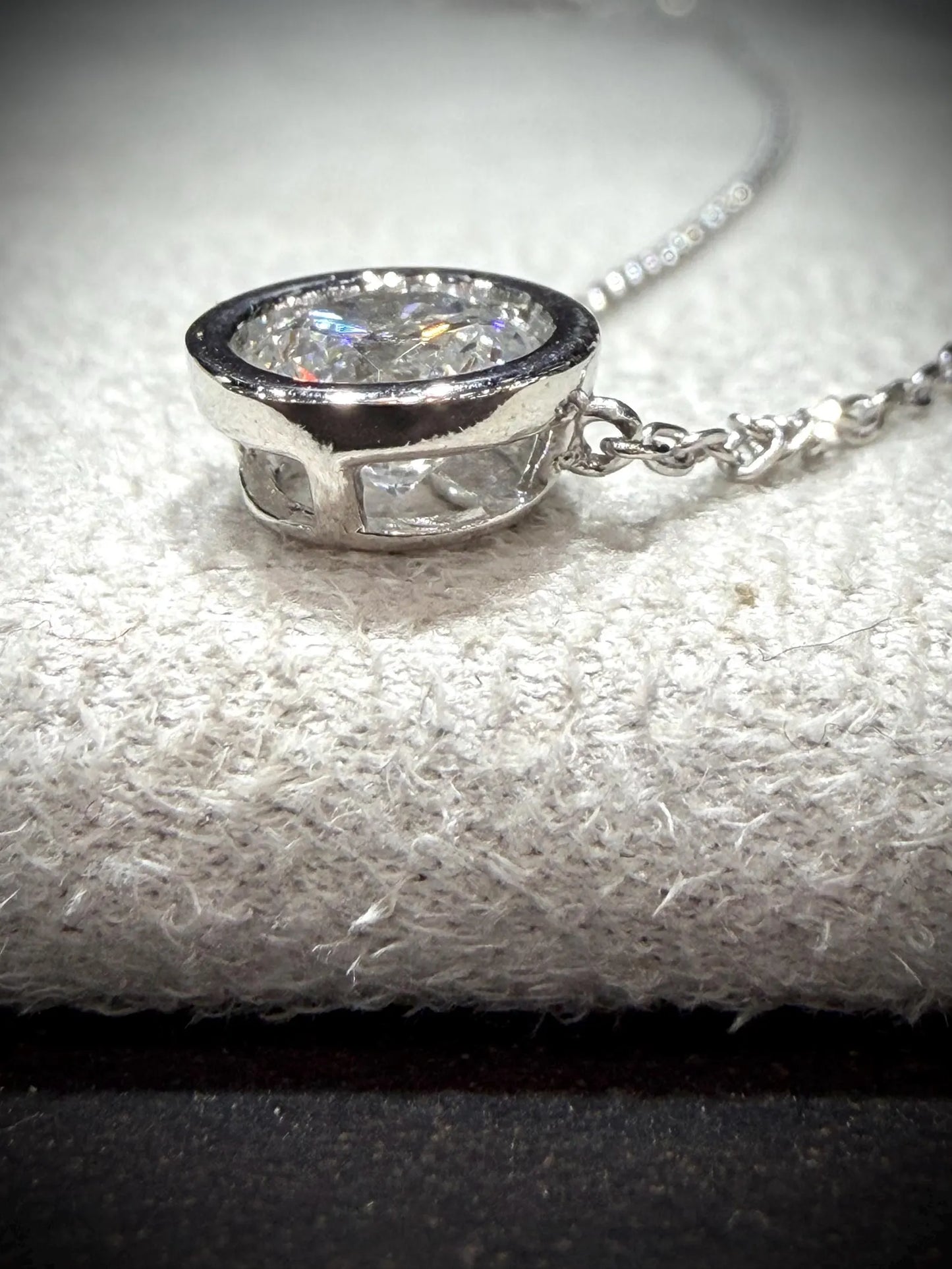 Round Lab Grown Bezel Set Diamond Solitaire Necklace 0.90ct tw.: Sterling Silver Adjustable Length 16”-18.5”