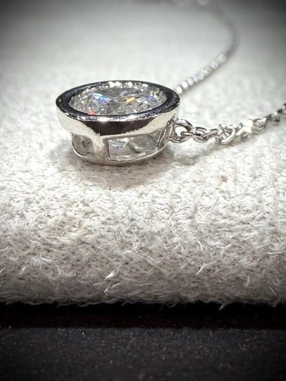 Round Lab Grown Bezel Set Diamond Solitaire Necklace 0.90ct tw.: Sterling Silver Adjustable Length 16”-18.5”