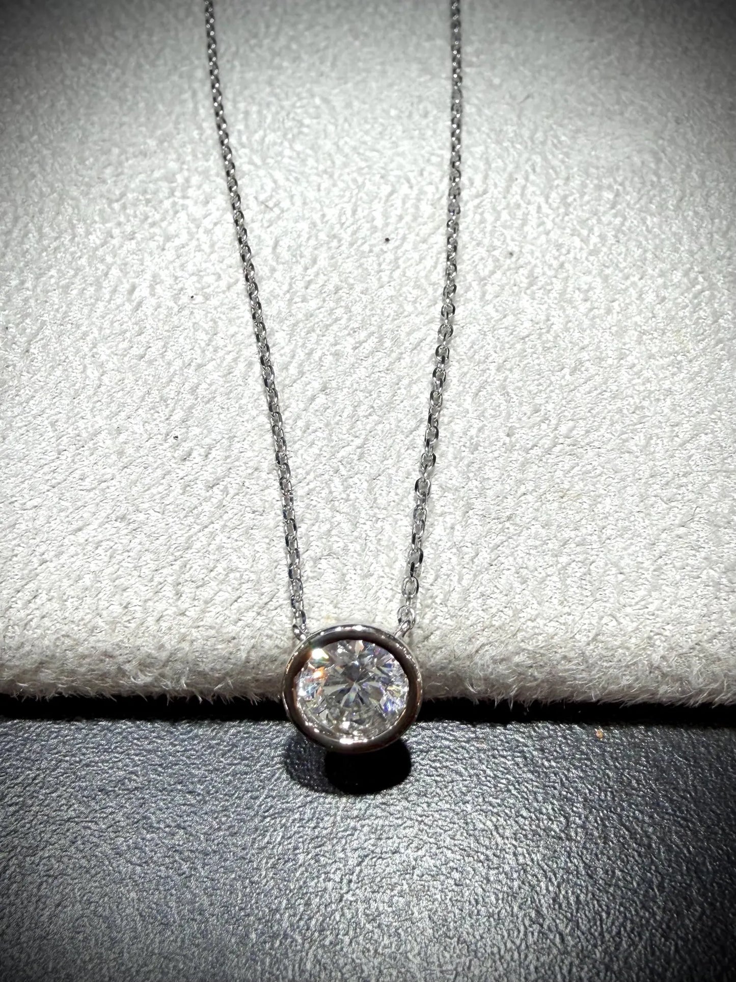 Round Lab Grown Bezel Set Diamond Solitaire Necklace 0.90ct tw.: Sterling Silver Adjustable Length 16”-18.5”
