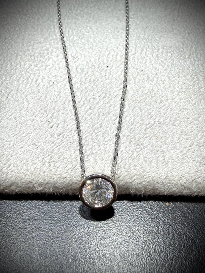 Round Lab Grown Bezel Set Diamond Solitaire Necklace 0.90ct tw.: Sterling Silver Adjustable Length 16”-18.5”