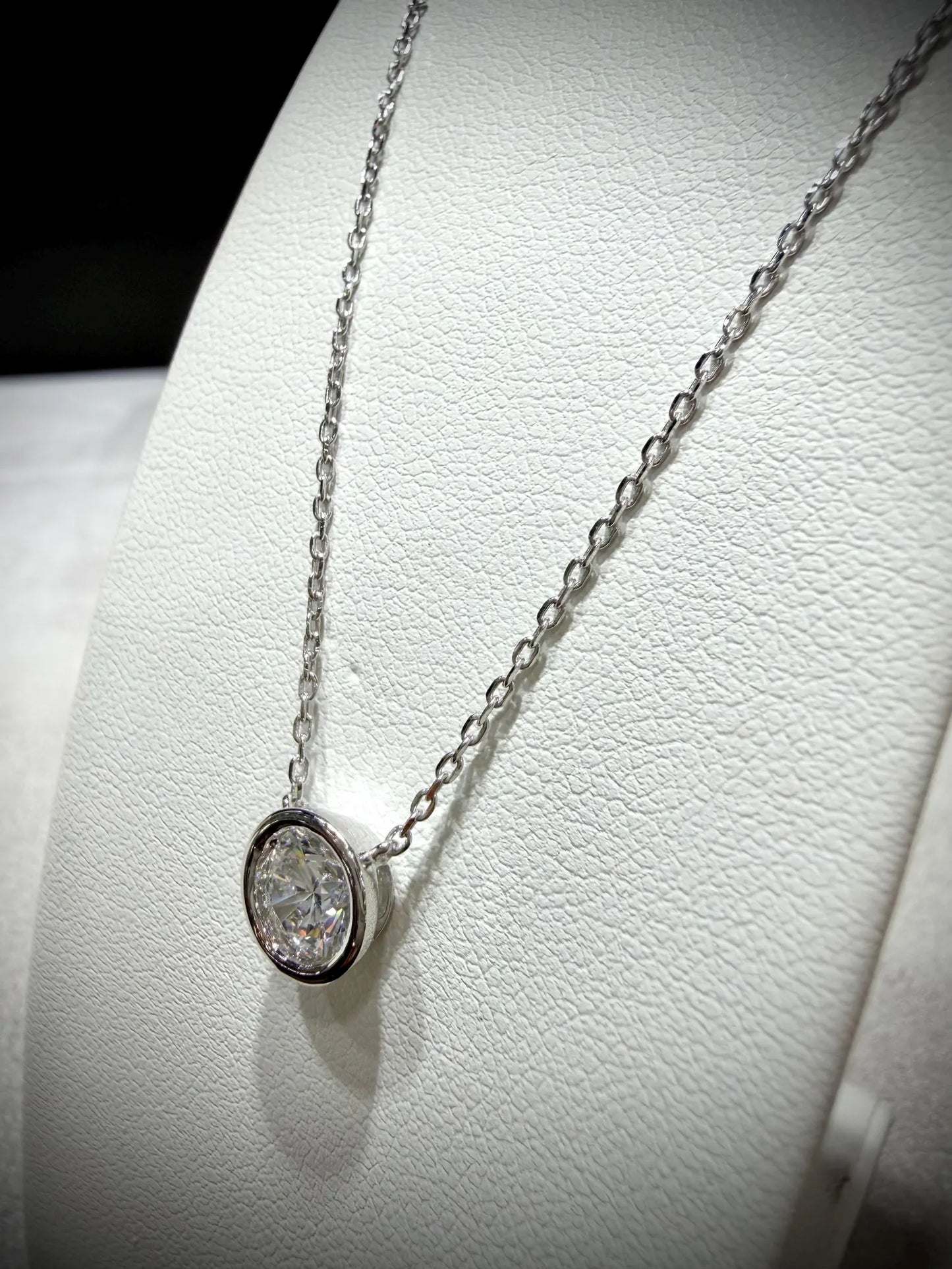 Round Lab Grown Bezel Set Diamond Solitaire Necklace 0.90ct tw.: Sterling Silver Adjustable Length 16”-18.5”