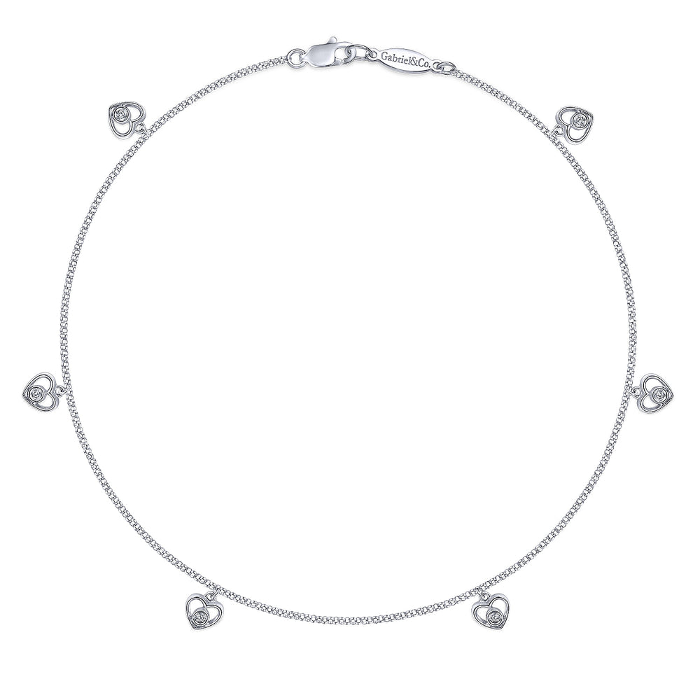 14K White Gold Chain Ankle Bracelet with White Gold Diamond Heart Charms