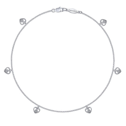 14K White Gold Chain Ankle Bracelet with White Gold Diamond Heart Charms