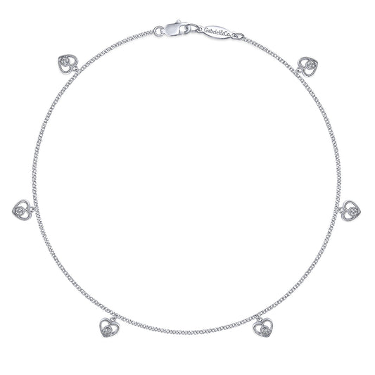 14K White Gold Chain Ankle Bracelet with White Gold Diamond Heart Charms