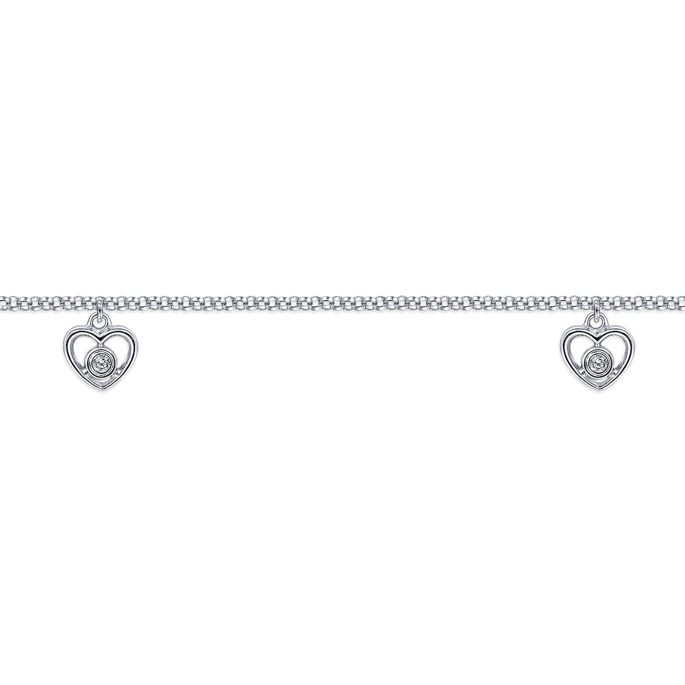 14K White Gold Chain Ankle Bracelet with White Gold Diamond Heart Charms