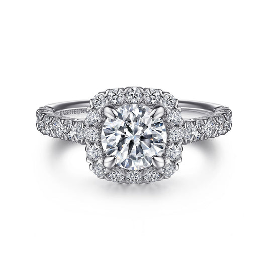 14K White Gold Cushion Halo Round Diamond Engagement Ring