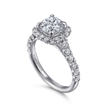 14K White Gold Cushion Halo Round Diamond Engagement Ring