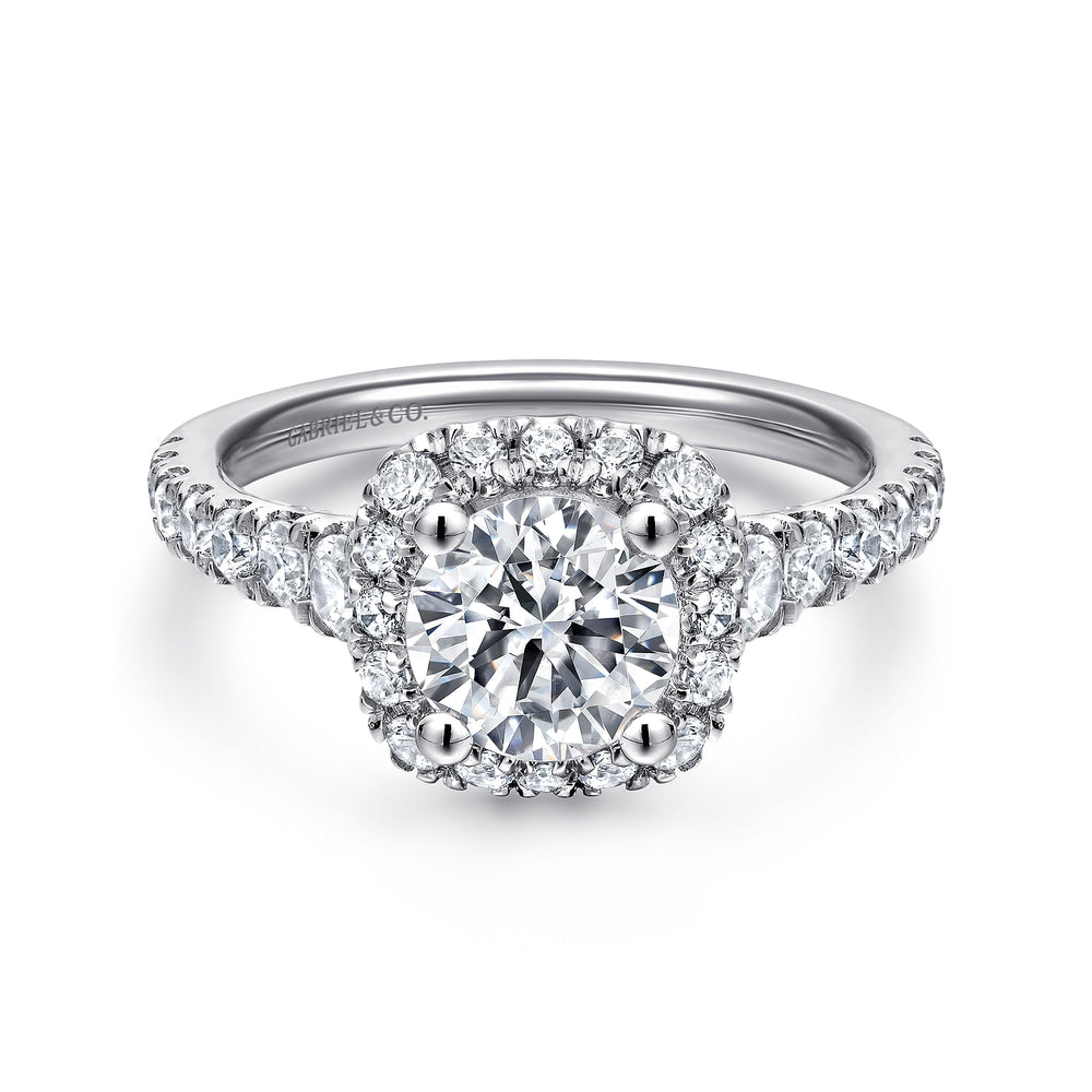 14K White Gold Cushion Halo Round Diamond Engagement Ring