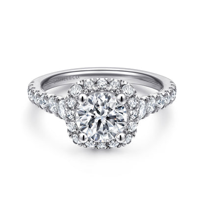 14K White Gold Cushion Halo Round Diamond Engagement Ring