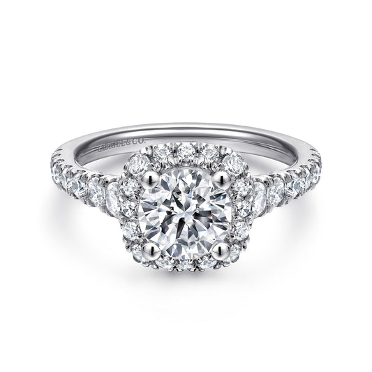 14K White Gold Cushion Halo Round Diamond Engagement Ring