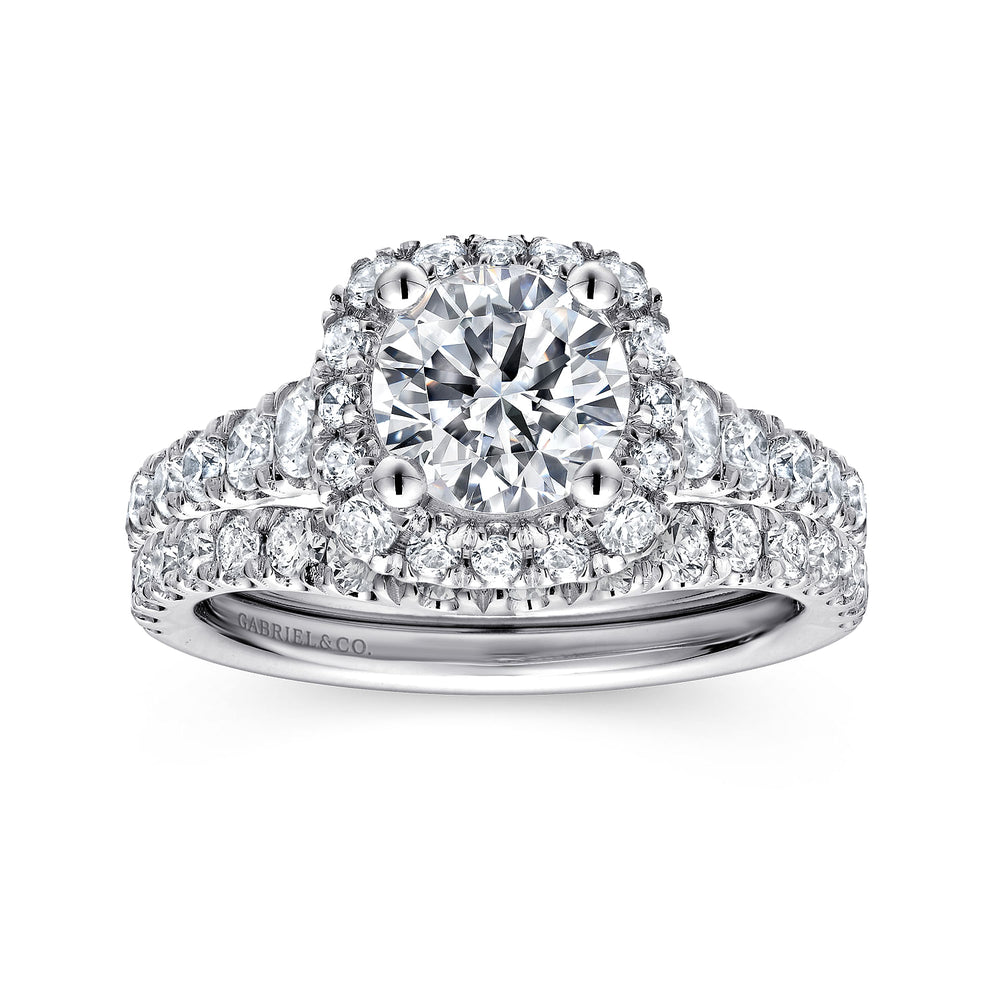 14K White Gold Cushion Halo Round Diamond Engagement Ring