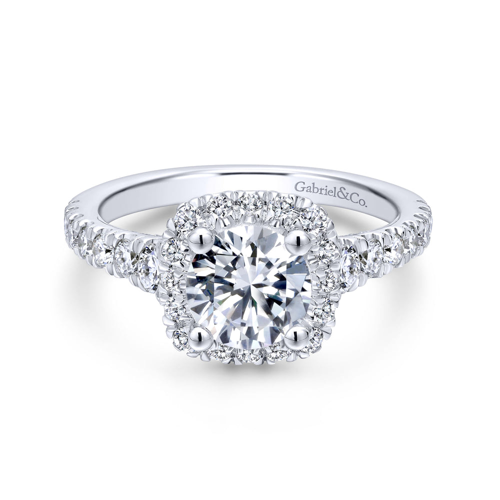 18K White Gold Cushion Halo Round Diamond Engagement Ring