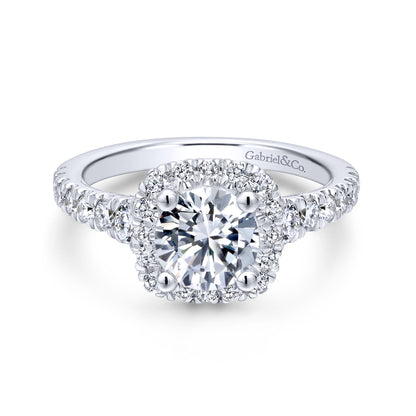 18K White Gold Cushion Halo Round Diamond Engagement Ring