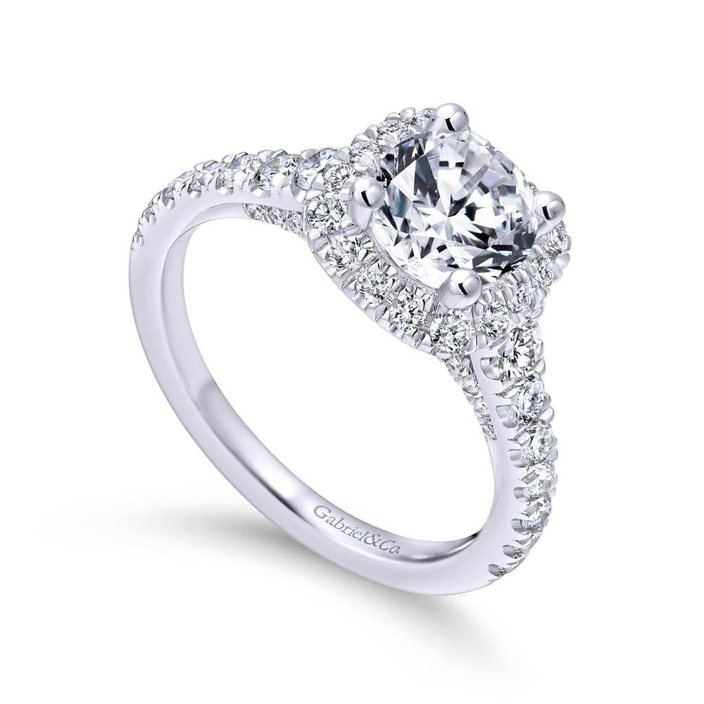 18K White Gold Cushion Halo Round Diamond Engagement Ring