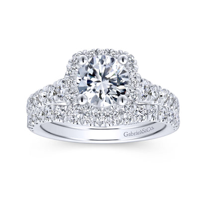 18K White Gold Cushion Halo Round Diamond Engagement Ring