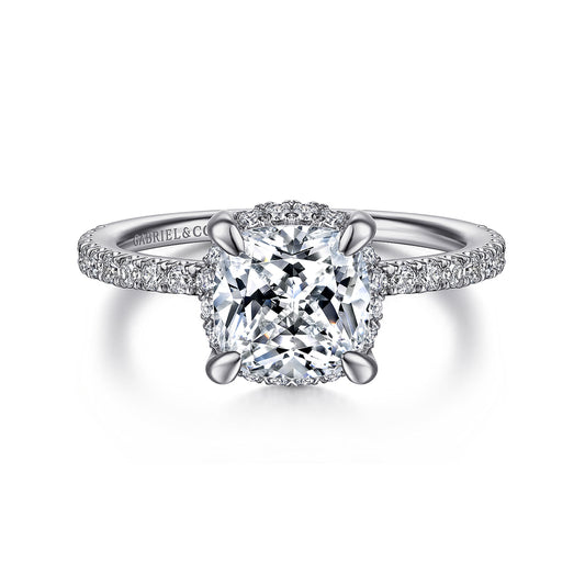 14K White Gold Cushion Hidden Halo Diamond Engagement Ring