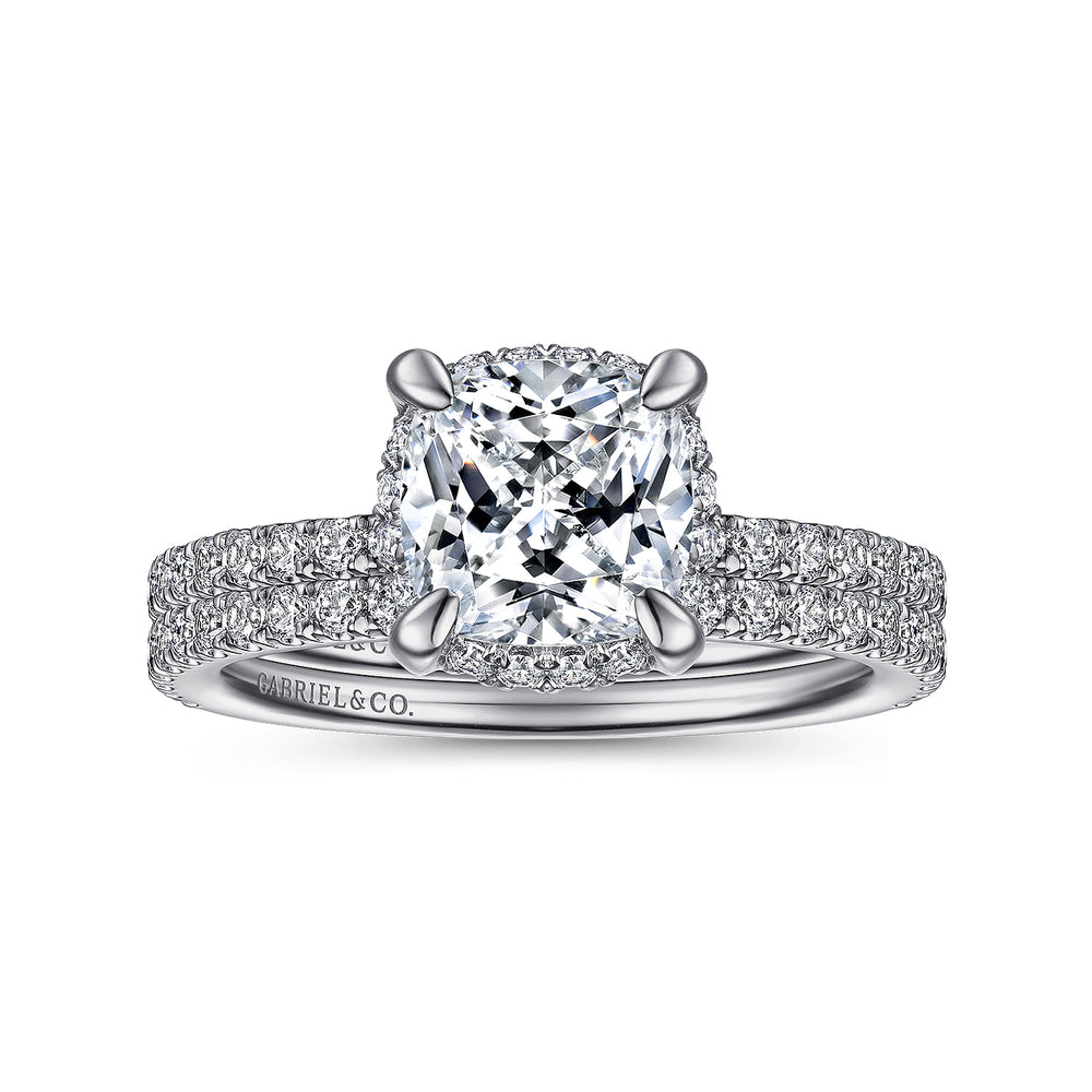 14K White Gold Cushion Hidden Halo Diamond Engagement Ring