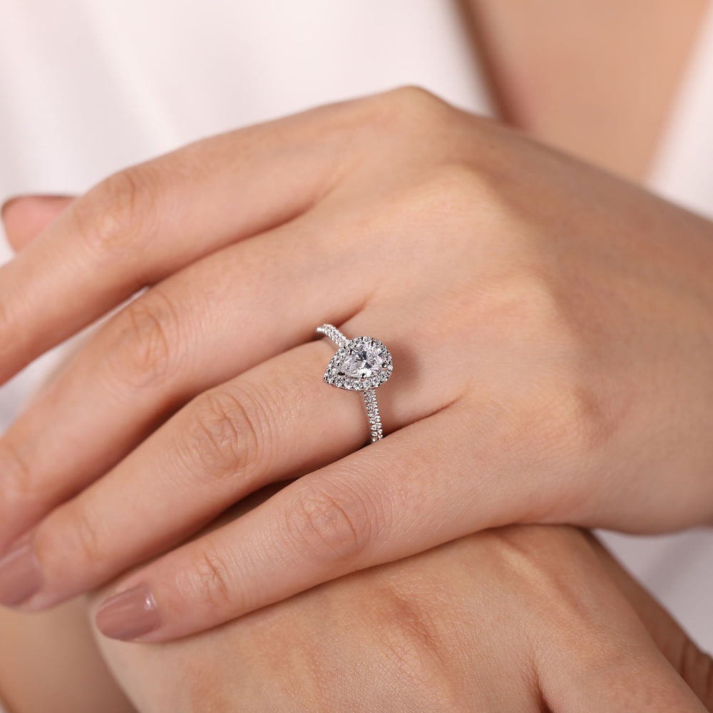 14K White Gold Pear Shape Halo Diamond Engagement Ring