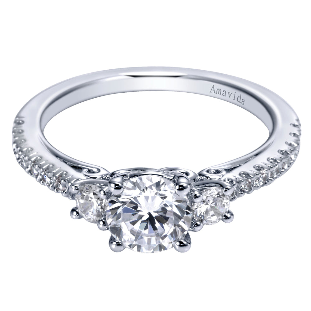 18K White Gold Round Three Stone Diamond Engagement Ring