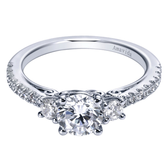 18K White Gold Round Three Stone Diamond Engagement Ring