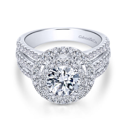 14K White Gold Round Double Halo Diamond Engagement Ring