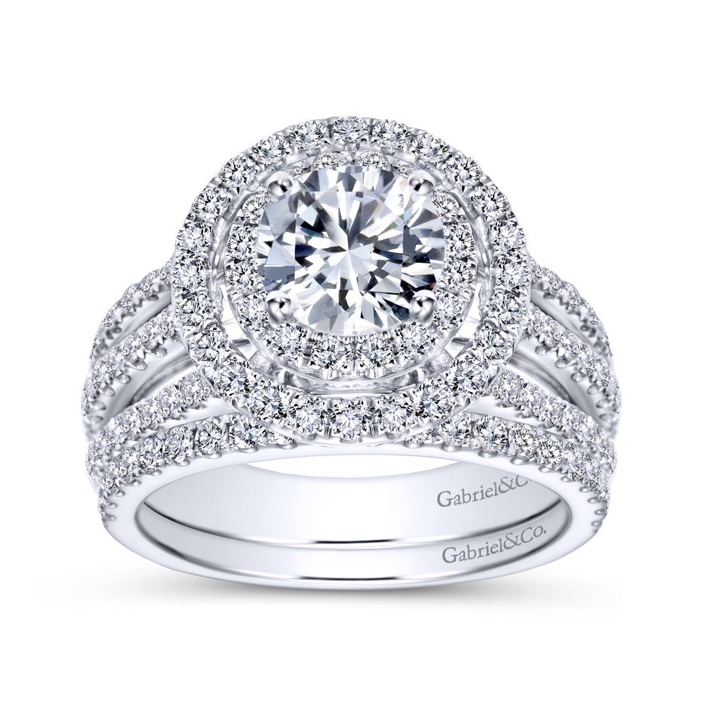 14K White Gold Round Double Halo Diamond Engagement Ring
