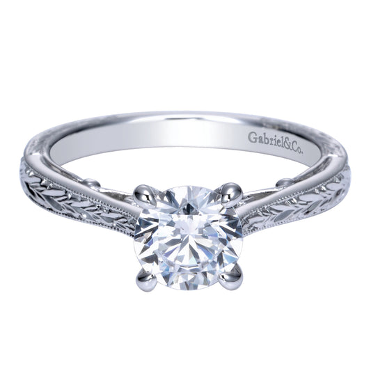 Vintage Inspired 14K White Gold Round Solitaire Engagement Ring