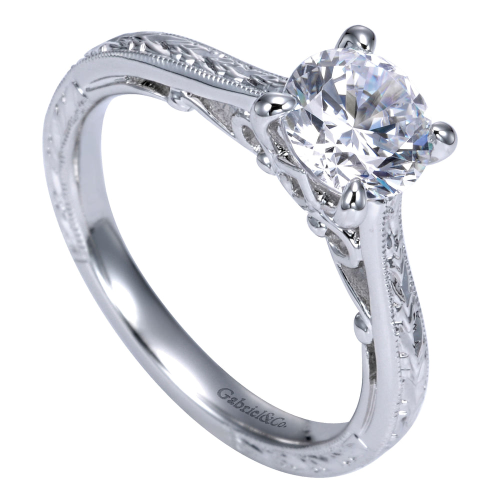 Vintage Inspired 14K White Gold Round Solitaire Engagement Ring