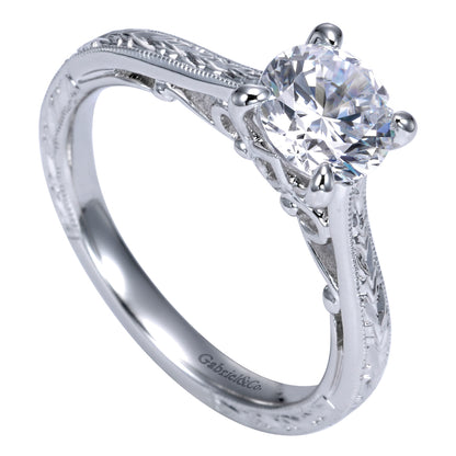 Vintage Inspired 14K White Gold Round Solitaire Engagement Ring