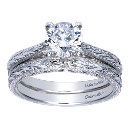 Vintage Inspired 14K White Gold Round Solitaire Engagement Ring