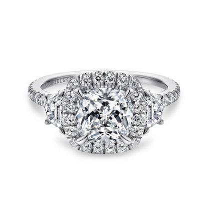 14K White Gold Cushion Three Stone Halo Diamond Engagement Ring