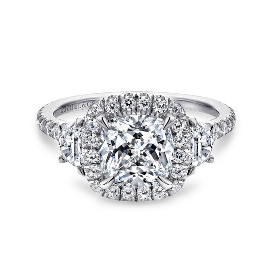 14K White Gold Cushion Three Stone Halo Diamond Engagement Ring
