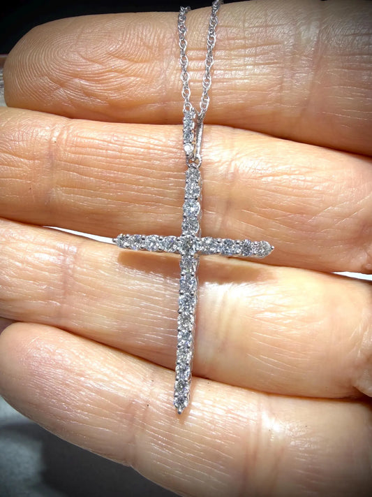 Lab Grown Diamond Cross Necklace 0.75 Carats: Sterling Silver 18”