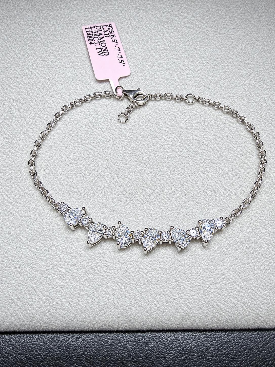 Lab Grown Pear Shape Diamond Bracelet 2.25 Carats, Sterling Silver, Adjustable