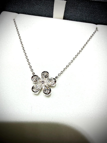 Lab Grown Diamond Flower Necklace with Pear Shape Diamonds, 0.98 Carats, Sterling Silver