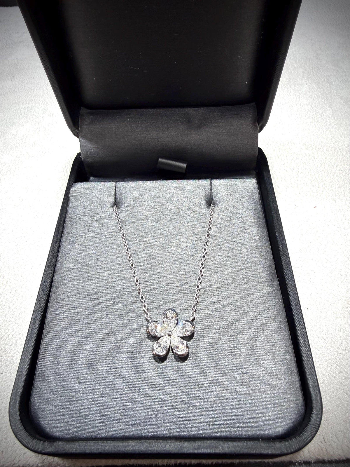 Lab Grown Diamond Flower Necklace with Pear Shape Diamonds, 0.98 Carats, Sterling Silver