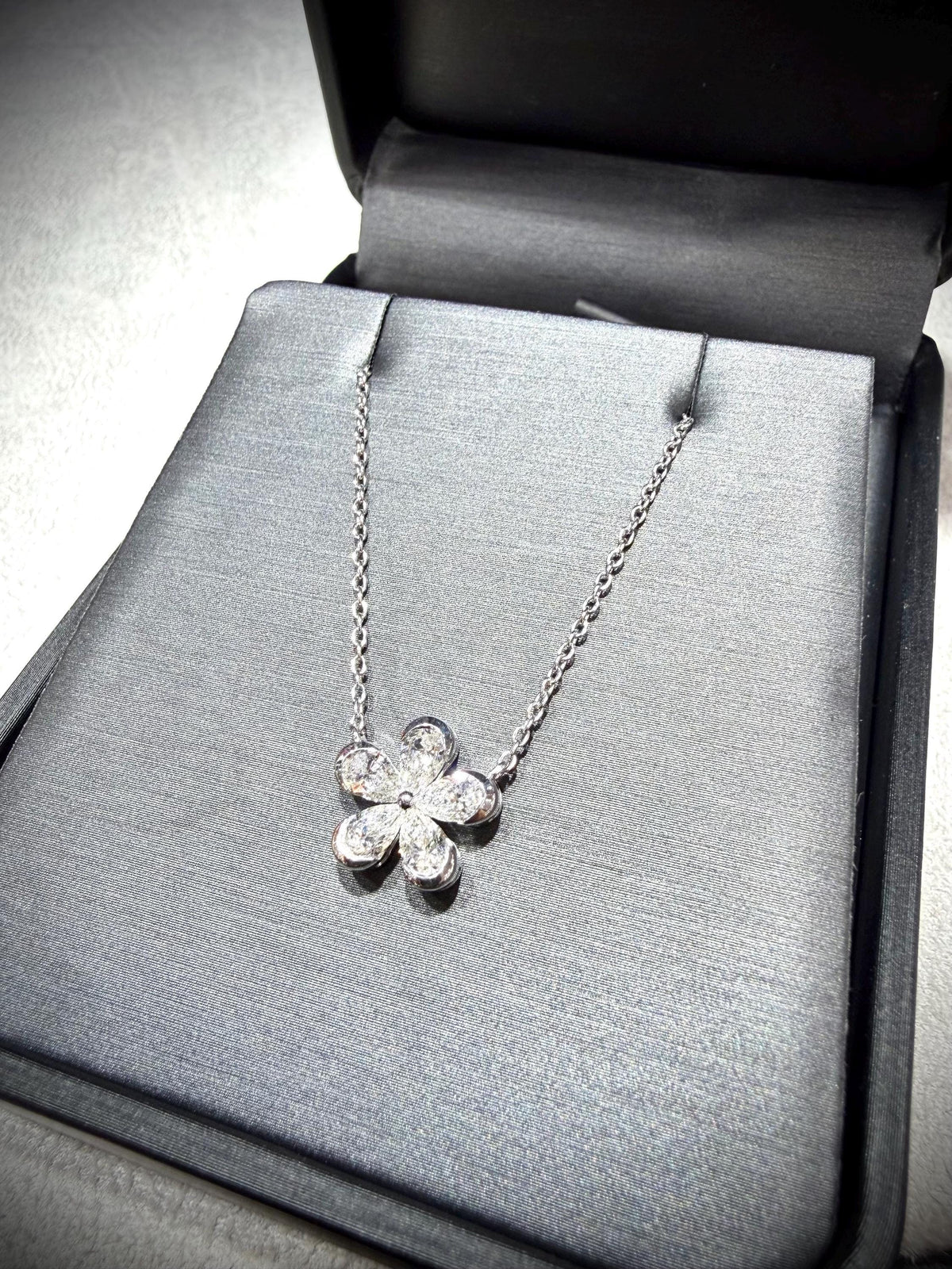 Lab Grown Diamond Flower Necklace with Pear Shape Diamonds, 0.98 Carats, Sterling Silver
