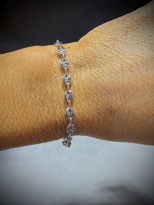 14K White Gold Puffed Mariner Link Bracelet 7”