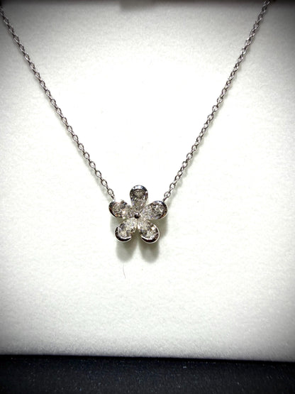 Lab Grown Diamond Flower Necklace with Pear Shape Diamonds, 0.98 Carats, Sterling Silver