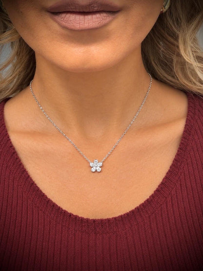 Lab Grown Diamond Flower Necklace with Pear Shape Diamonds, 0.98 Carats, Sterling Silver