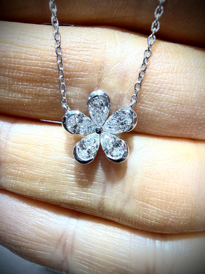 Lab Grown Diamond Flower Necklace with Pear Shape Diamonds, 0.98 Carats, Sterling Silver