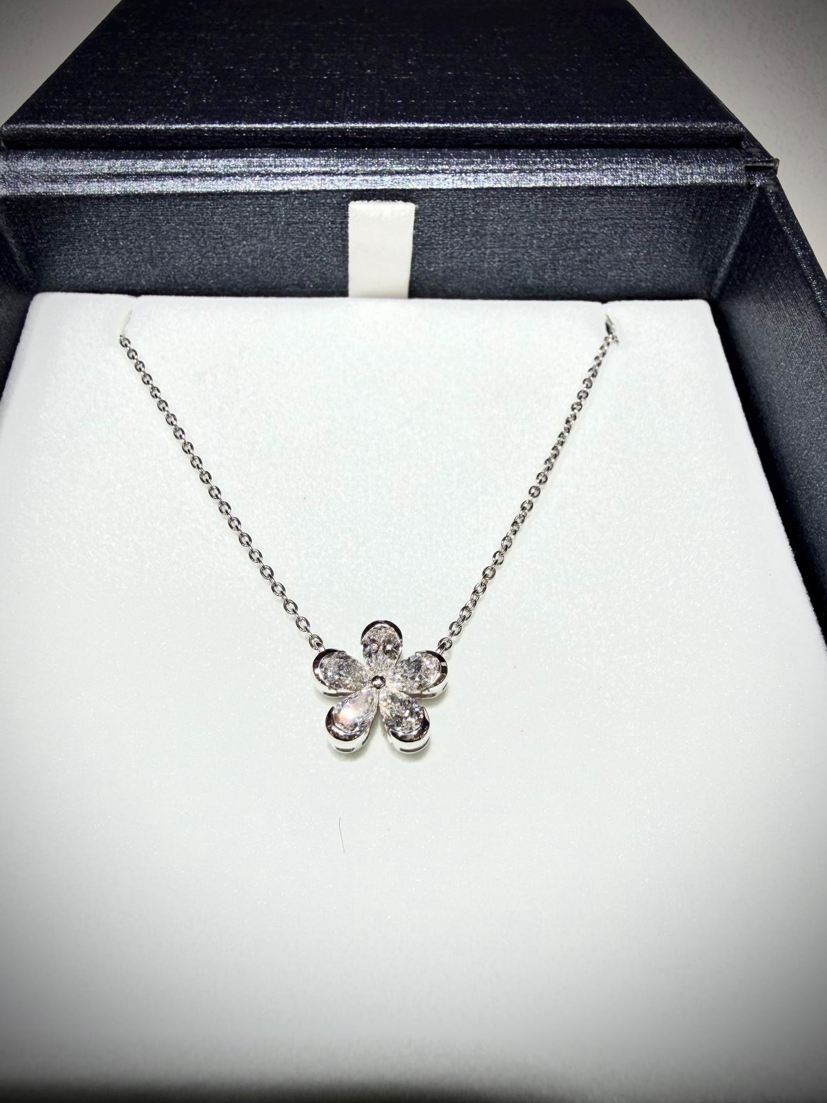 Lab Grown Diamond Flower Necklace with Pear Shape Diamonds, 0.98 Carats, Sterling Silver