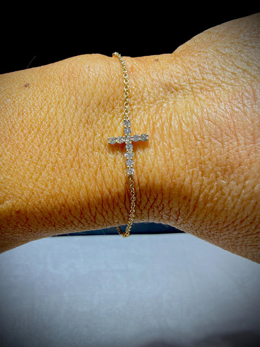 14K Natural Diamond Cross Bracelet 0.34 ct tw. 7” adjustable