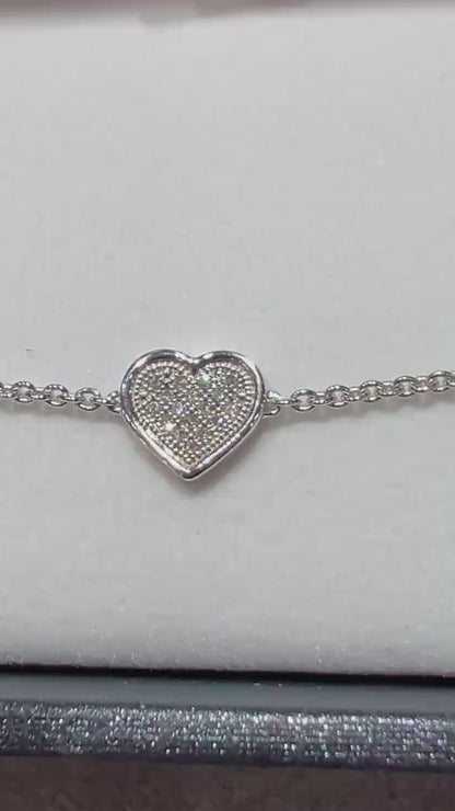 14K White Gold Diamond Heart Bracelet: Adjustable Cable Chain