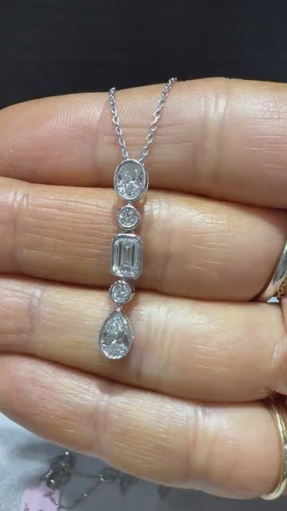 Fancy Shape Bezel Set Diamond Drop Necklace with Emerald Cut, Round, Oval and Pear Lab Grown Diamonds 1.78ct tw.: Sterling Silver 16”17”18”