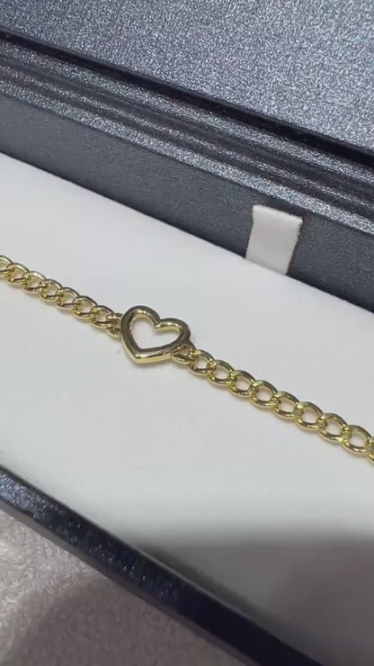 14K Gold Heart Curb Chain Bracelet - 7 Inch